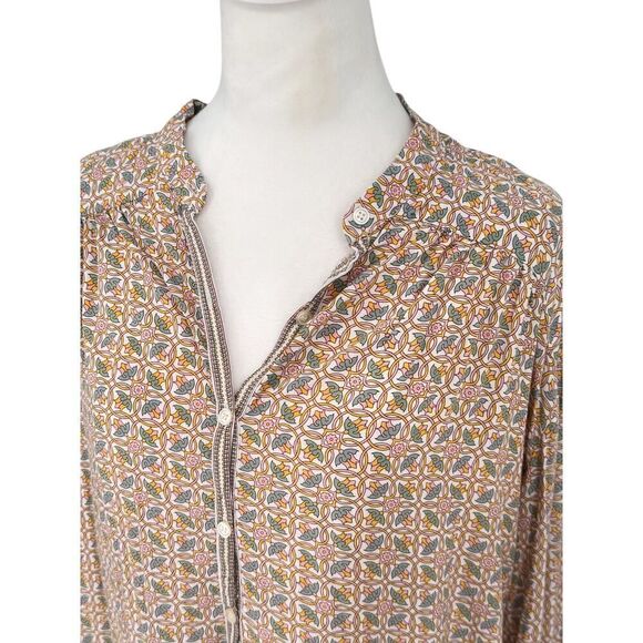 Max Studio Women’s Blouse L Boho Floral Geometric Print Top Rayon Long Sleeve - Picture 2 of 11